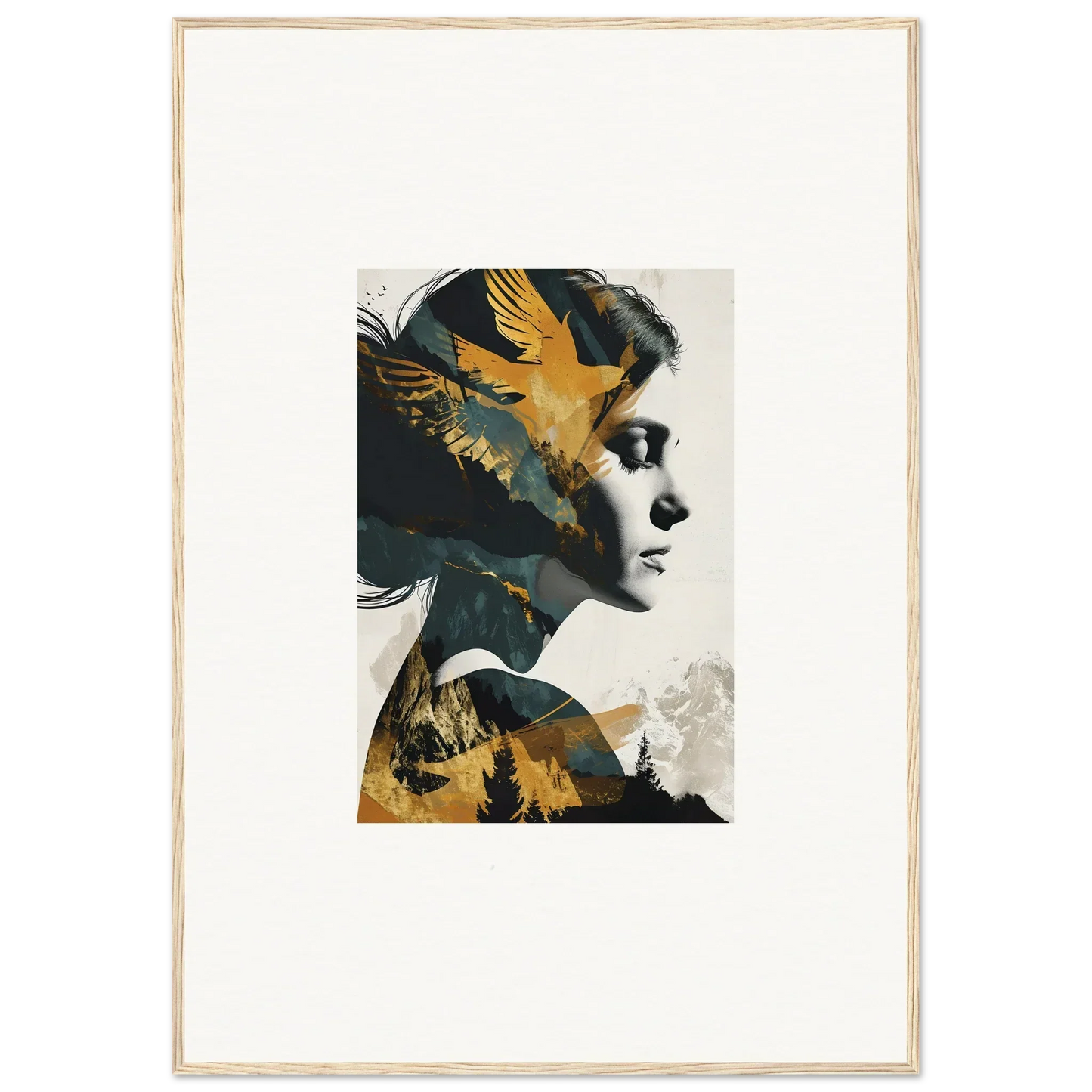 Portrait of a woman with golden bird elements, perfect for an Ascension Tableau canvas print