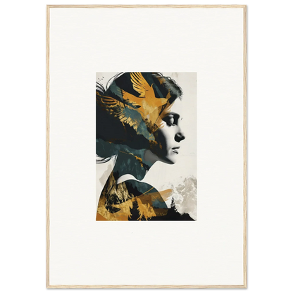 Portrait of a woman with golden bird elements, perfect for an Ascension Tableau canvas print