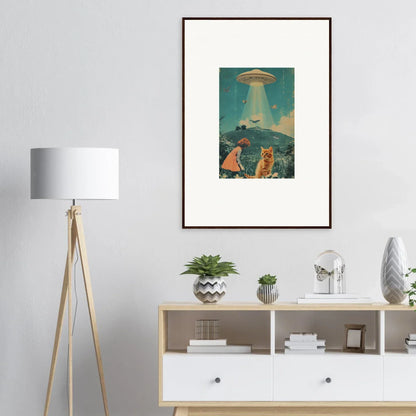 Framed canvas print of a UFO over a landscape with cats, perfect for room decoration