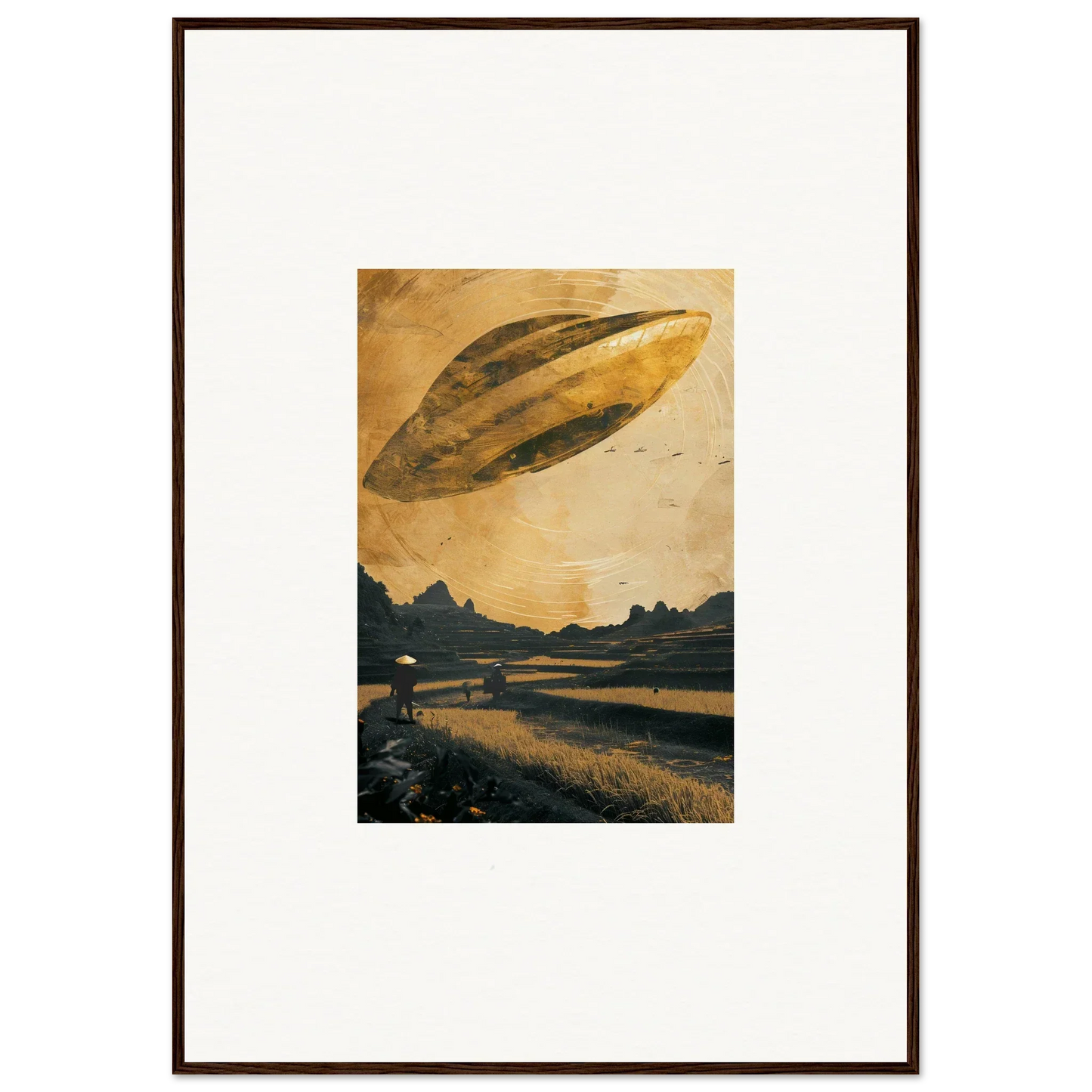 UFO hovering in golden sky, perfect for Space Odyssey Abides canvas room decoration