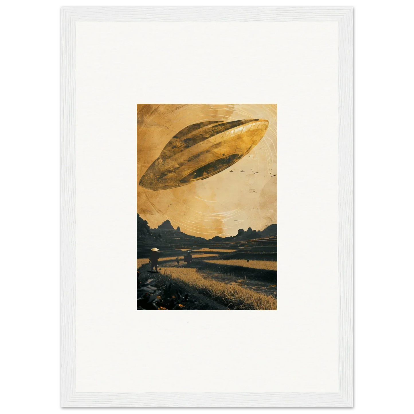 Elongated metallic UFO in a golden sky for your Space Odyssey Abides canvas print