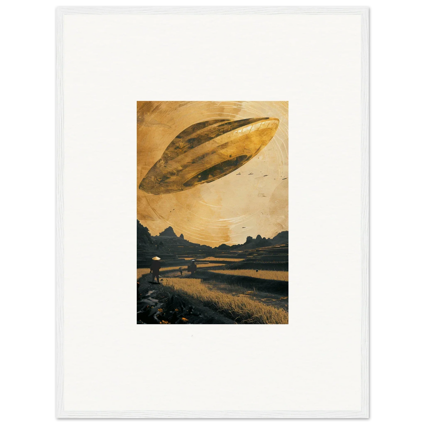 UFO hovering in a golden sky, perfect for your Space Odyssey Abides room decoration canvas print