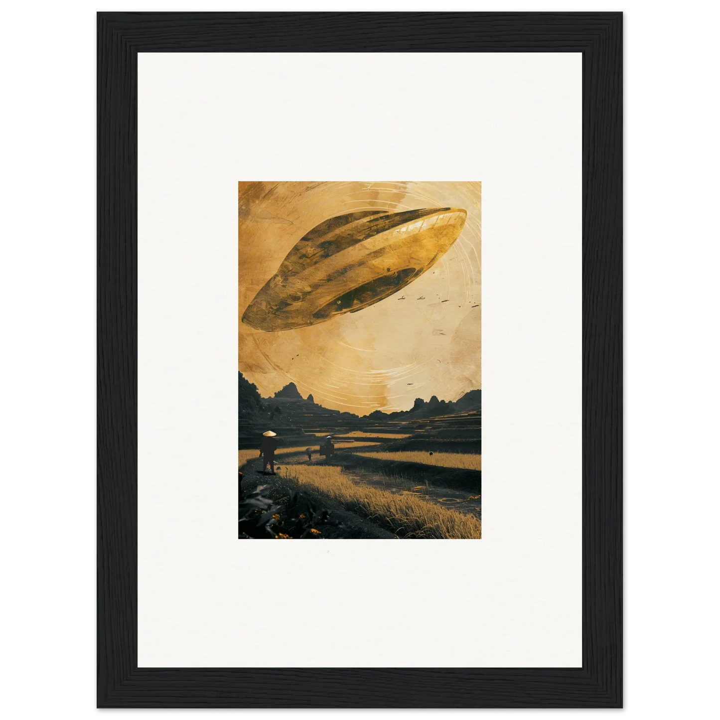 Cigar-shaped UFO in a golden sky for your Space Odyssey Abides room decoration canvas print