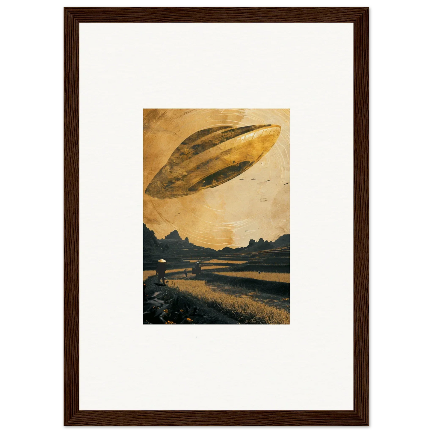 Cigar-shaped UFO in a golden sky, perfect for Space Odyssey Abides room decoration canvas print