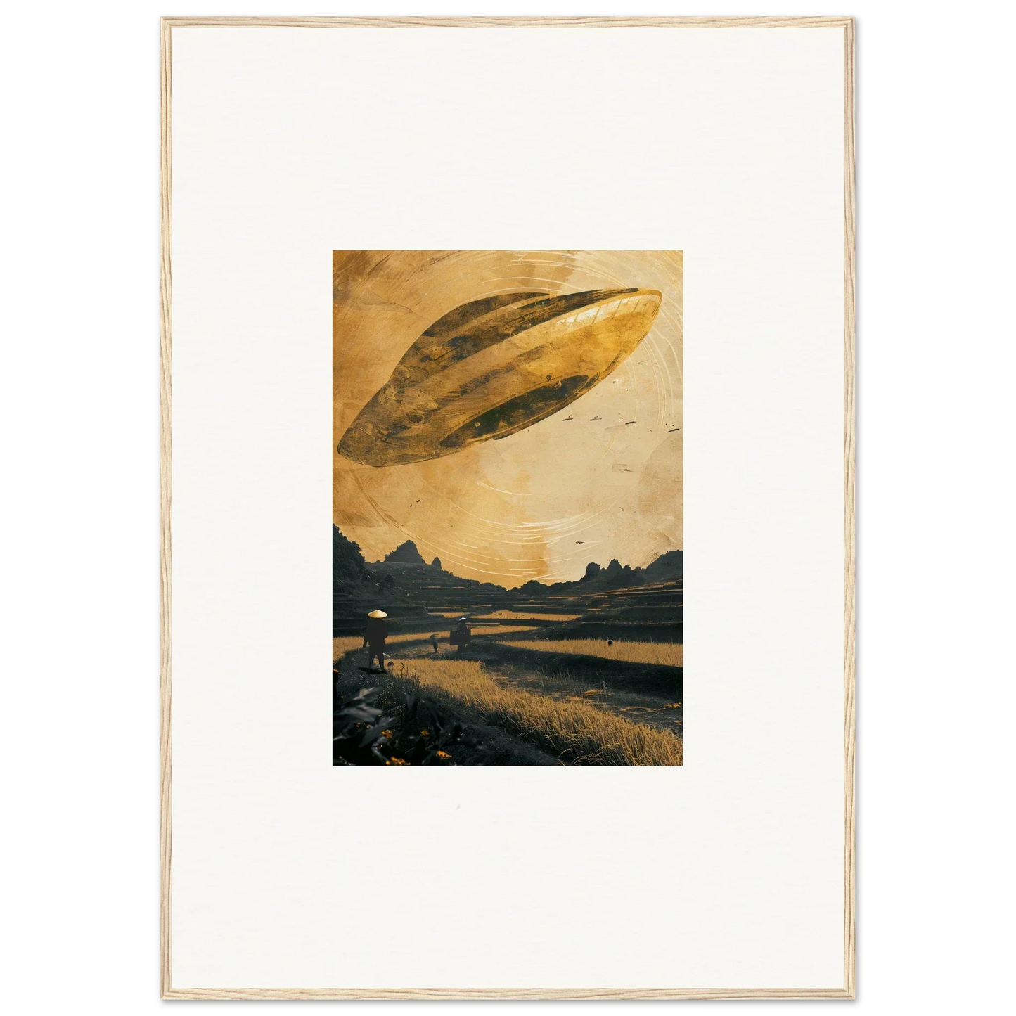 UFO hovering in golden sky, perfect for Space Odyssey Abides room decoration canvas print