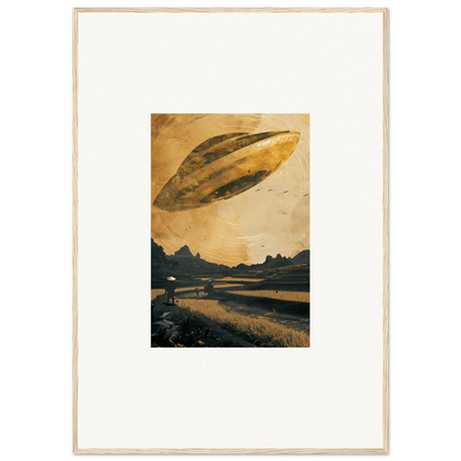 UFO hovering in golden sky, perfect for Space Odyssey Abides room decoration canvas print