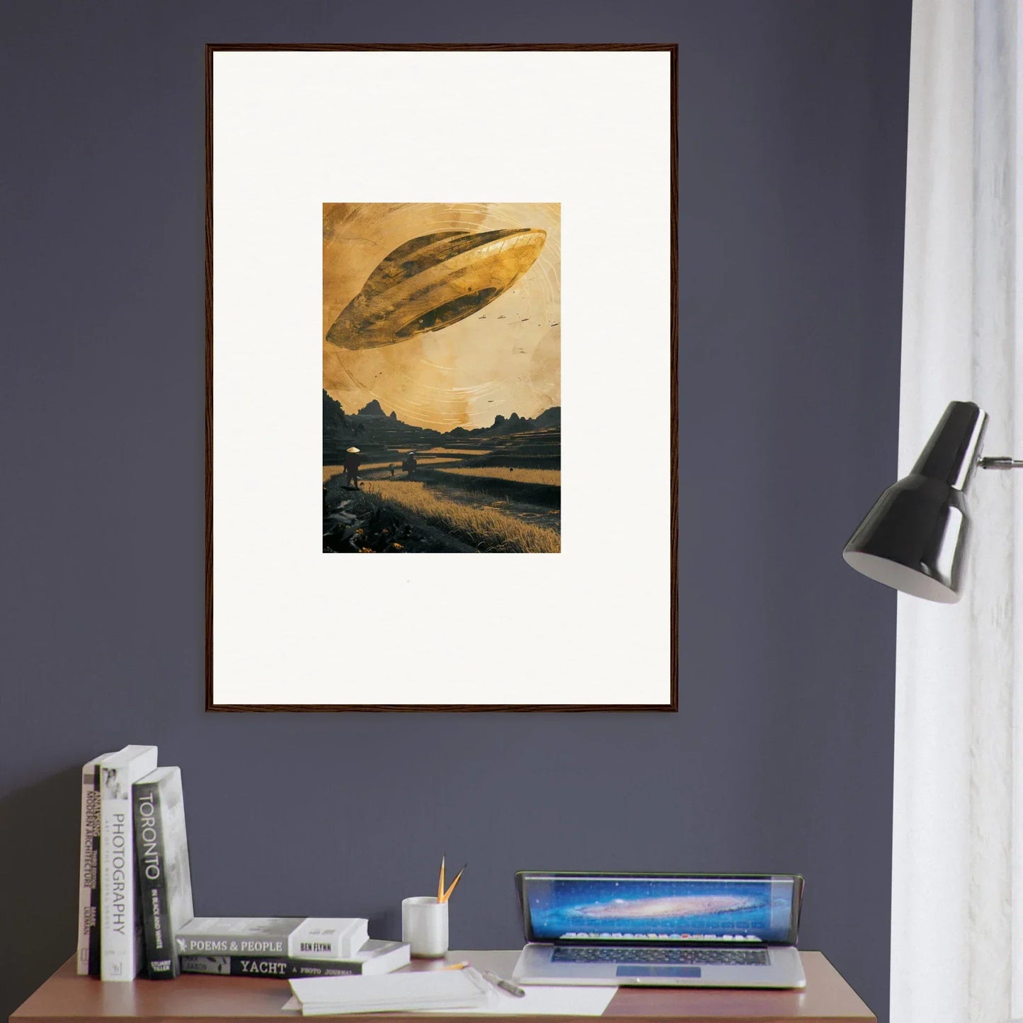 Framed canvas print of a UFO over a rural scene, perfect for your Space Odyssey Abides room decoration