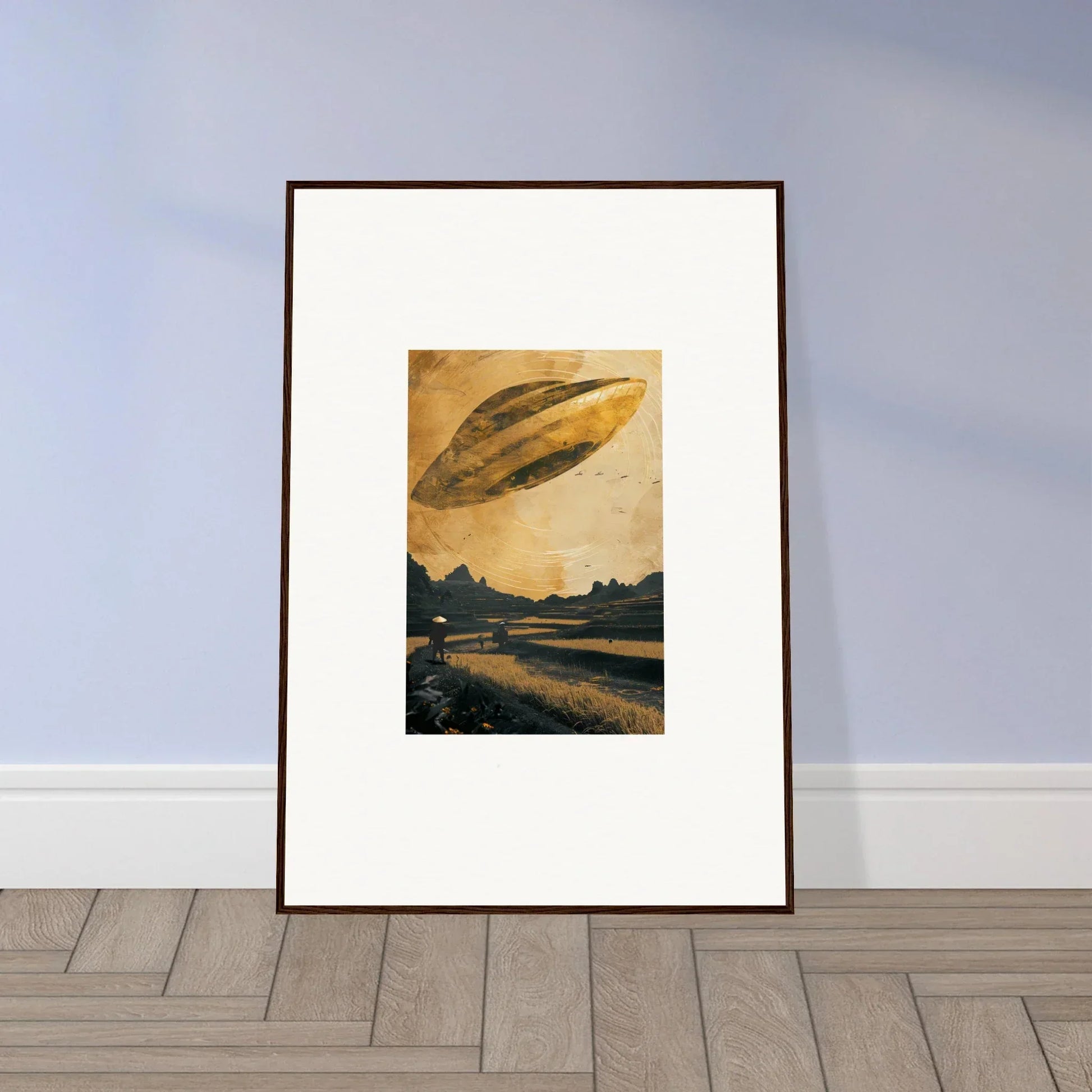 Framed canvas print of a UFO over a sunset landscape for cool Space Odyssey Abides room decoration