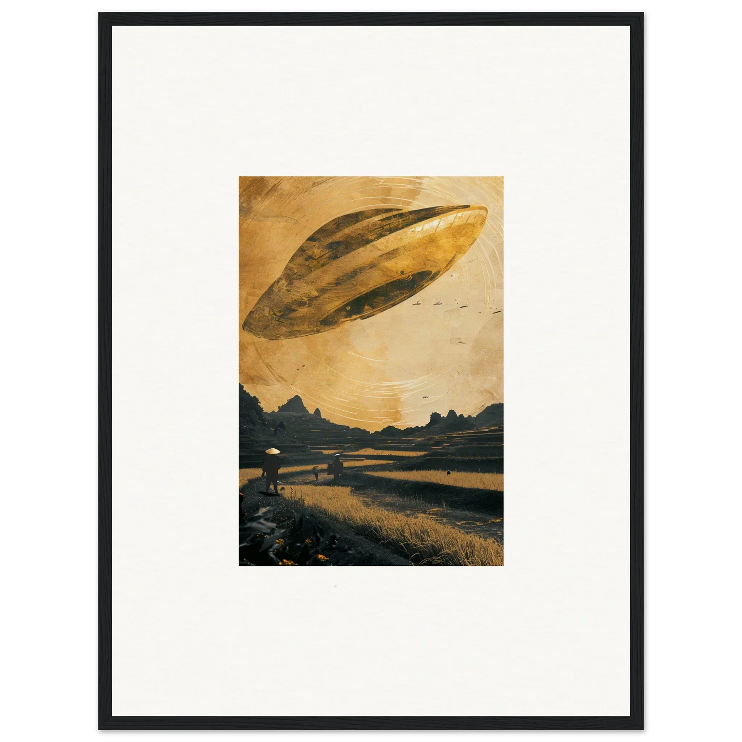 UFO hovering in a golden sky for unique Space Odyssey Abides canvas print room decoration