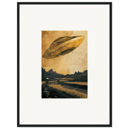 UFO hovering in a golden sky for unique Space Odyssey Abides canvas print room decoration