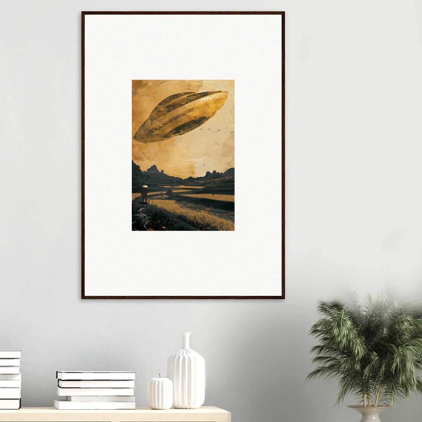 Framed canvas print of a UFO over a sunset landscape for cool room decoration