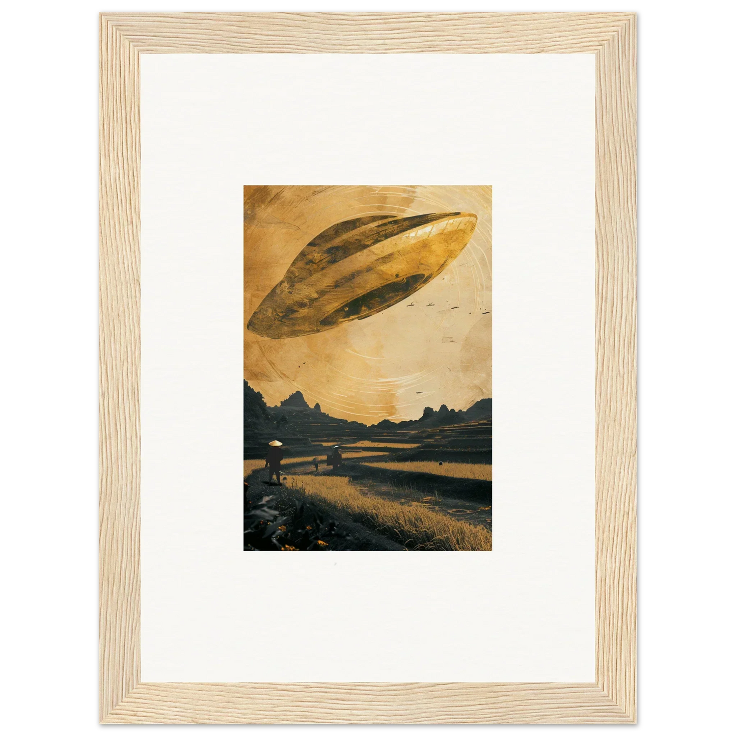 Cigar-shaped UFO in a golden sky, perfect for your Space Odyssey Abides canvas print!