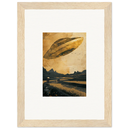 Cigar-shaped UFO in a golden sky, perfect for your Space Odyssey Abides canvas print!