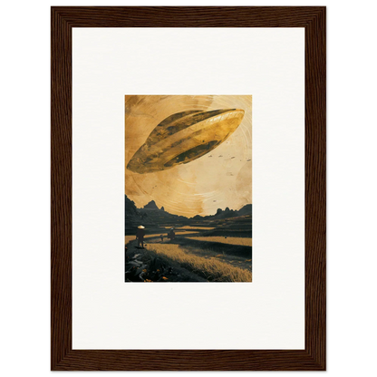 UFO hovering in a golden sky perfect for Space Odyssey Abides room decoration canvas print