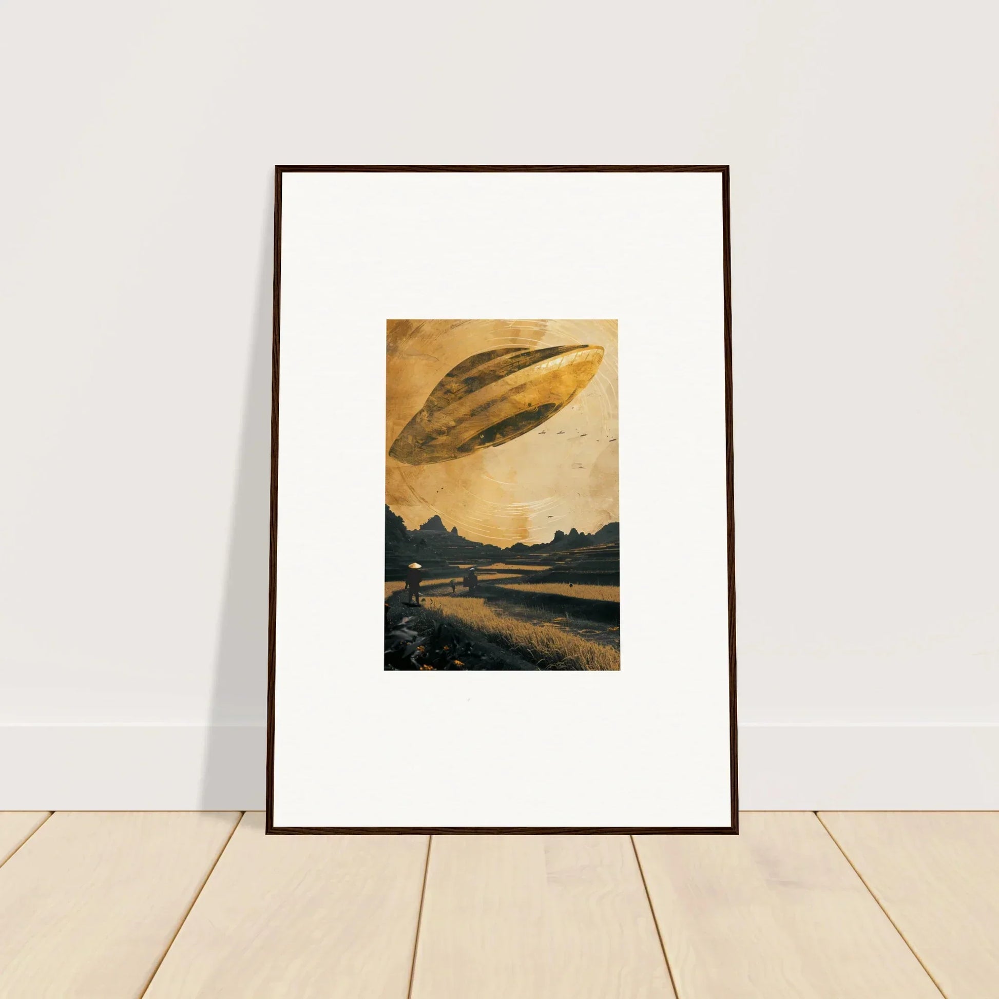 Framed canvas print of a UFO over a rural landscape for cool room decoration