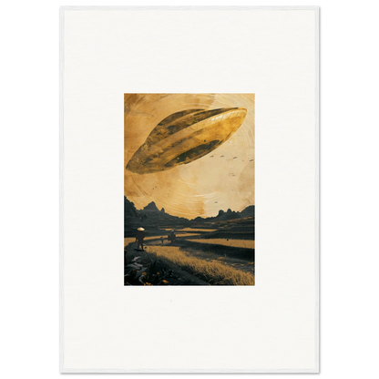 UFO hovering in a golden sky for your Space Odyssey Abides canvas print room decoration