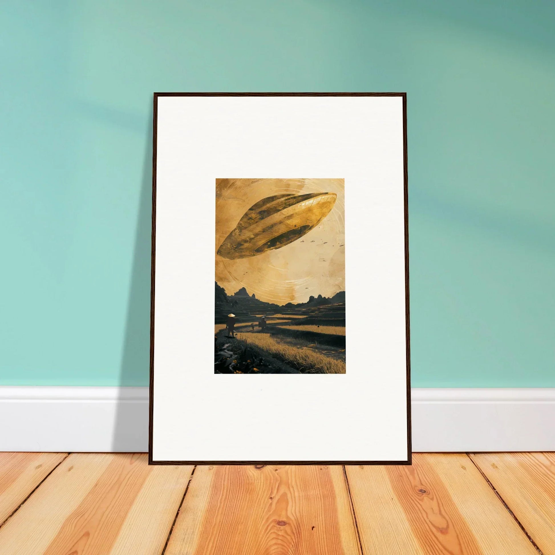 Framed canvas print of a UFO over a rural landscape, perfect for Space Odyssey Abides room decoration