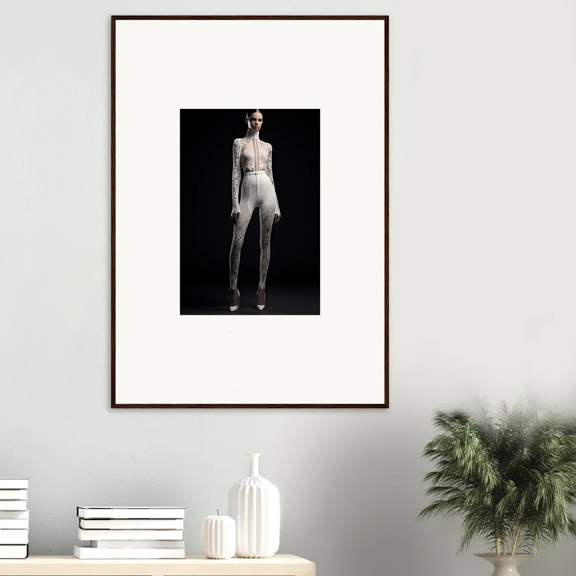 Framed black and white photograph showcasing elegance wreathed white outfit for room decor