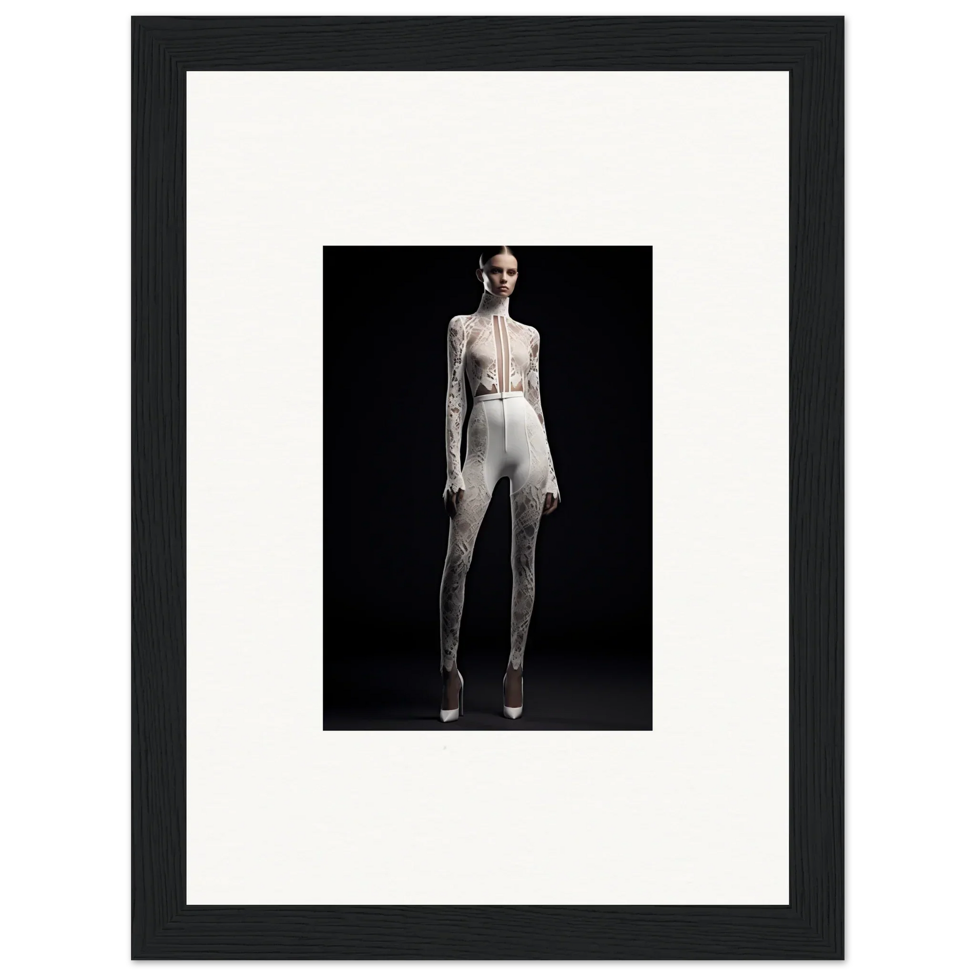 Framed black and white wall art of elegance wreathed in a form-fitting white outfit