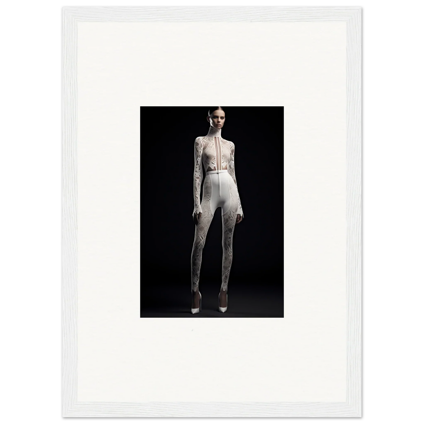 Full-length photo of a person in a white bodysuit showcasing elegance wreathed design