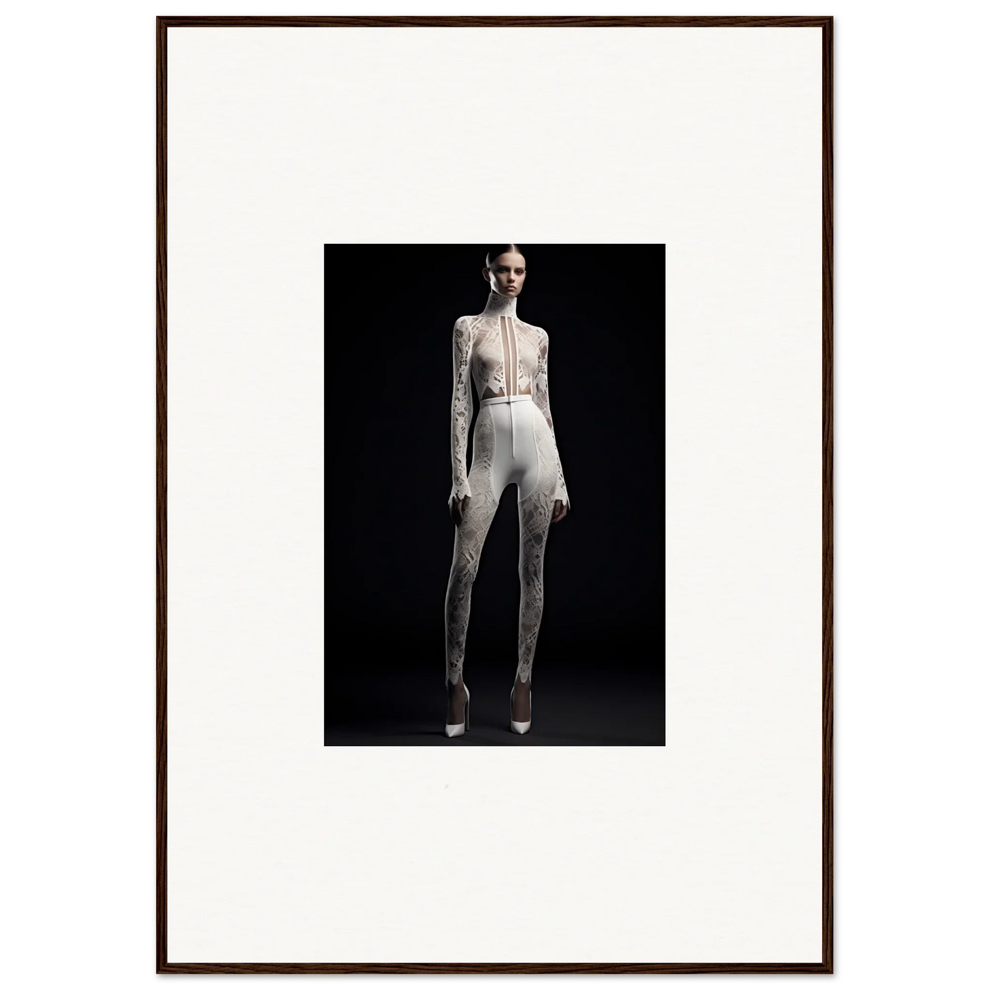 Framed black-and-white photograph in a form-fitting white outfit for elegant room decor