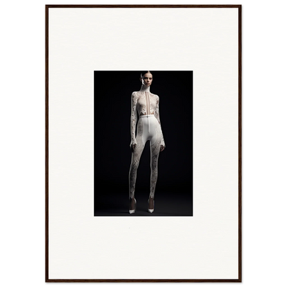 Framed black-and-white photograph in a form-fitting white outfit for elegant room decor