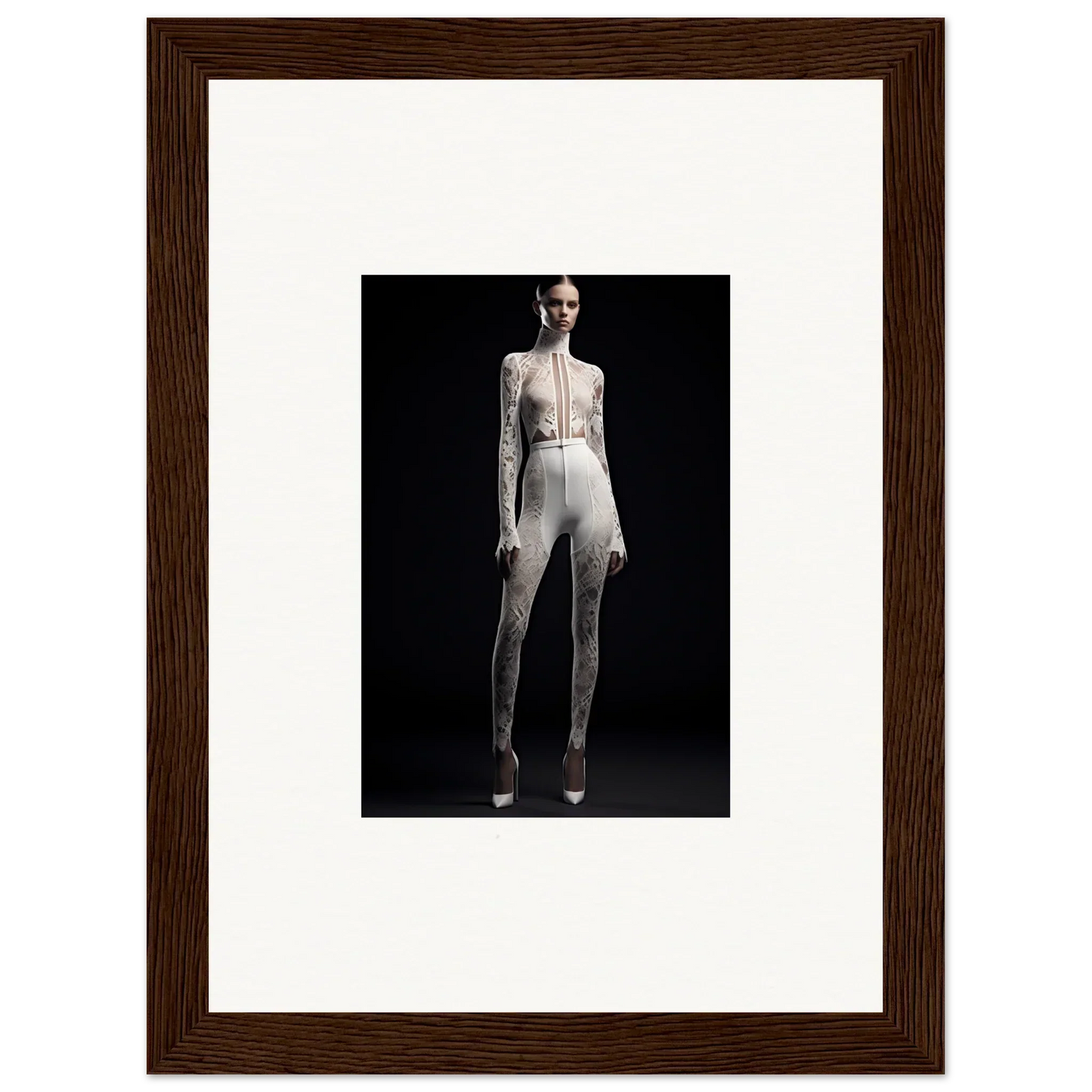 Framed wall art featuring elegance wreathed in a person’s white outfit on dark backdrop