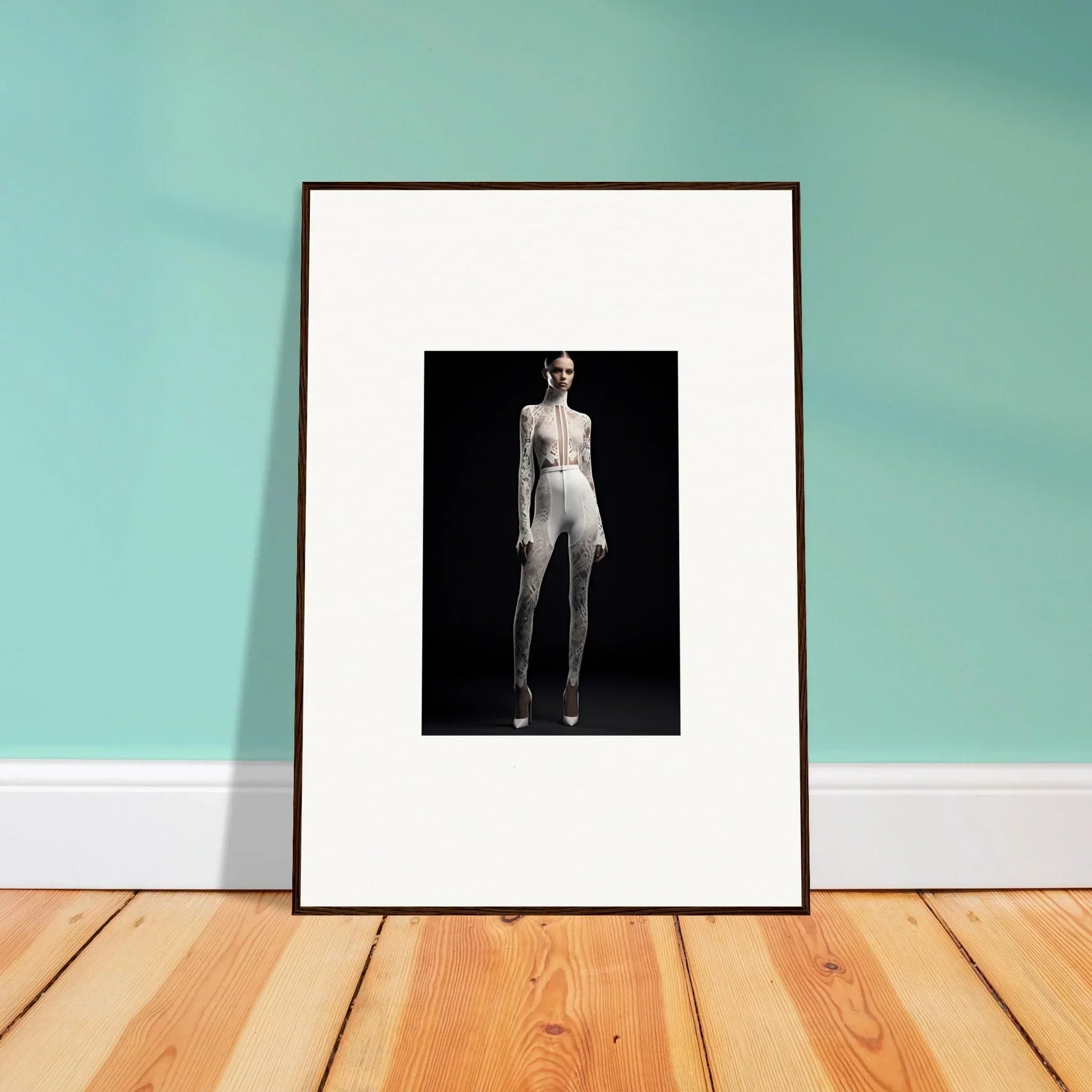 Framed black and white photograph of a standing figure for elegant room decor