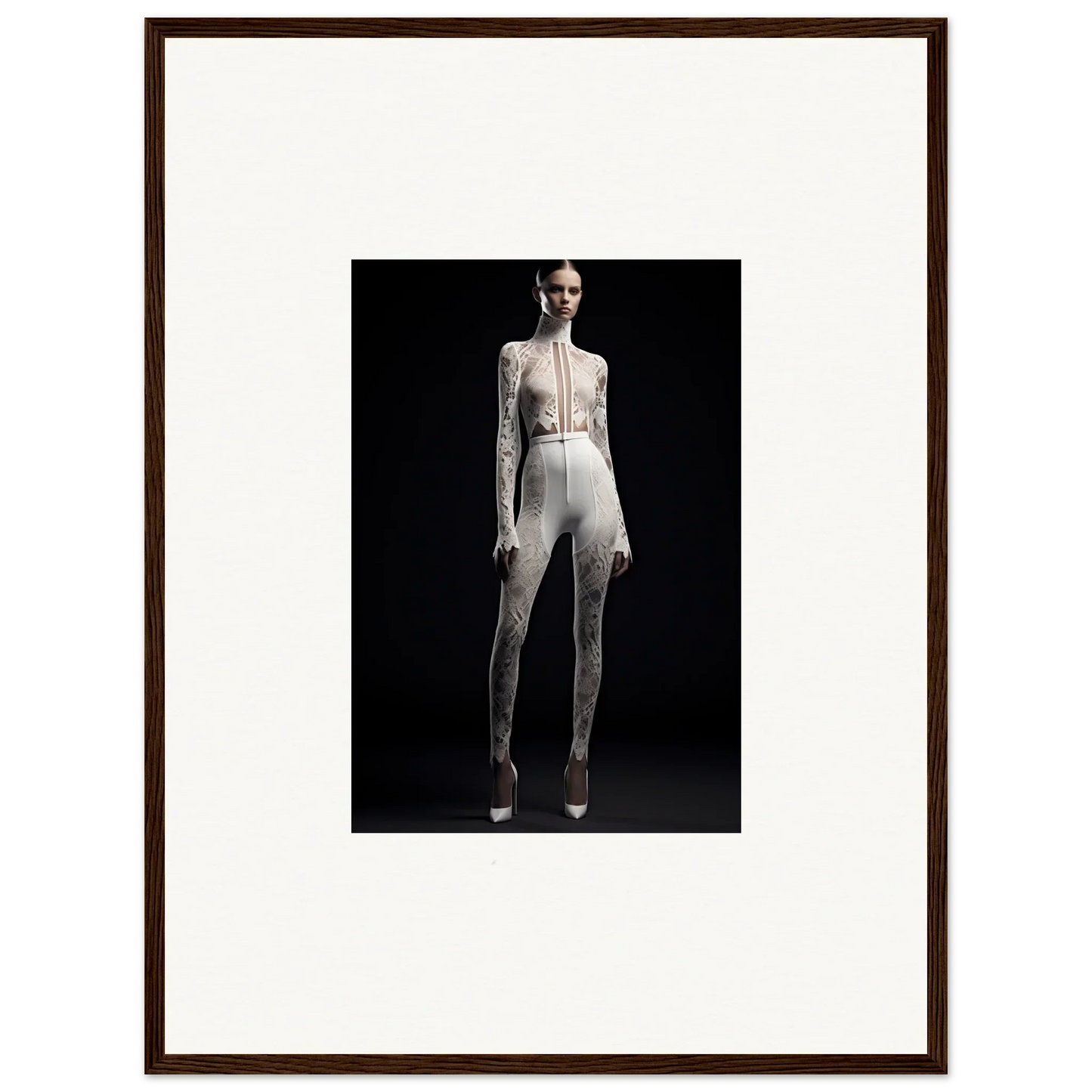 Framed wall art of a person in all-white outfit showcasing Elegance Wreathed style