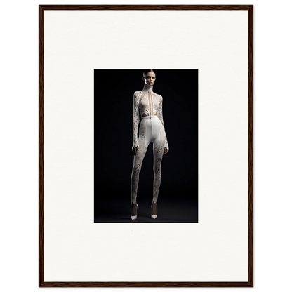 Framed wall art of a person in all-white outfit showcasing Elegance Wreathed style