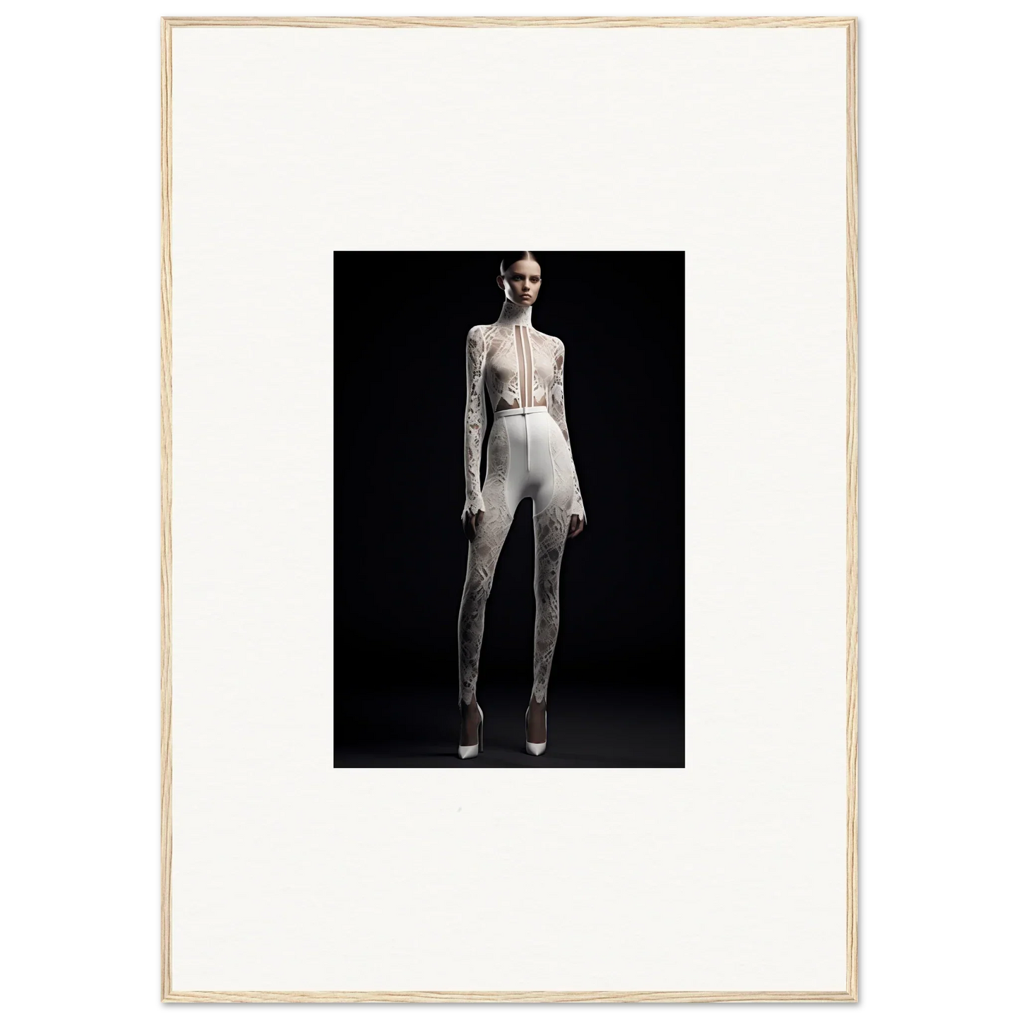 Full-length image of a person in a white bodysuit embodying elegance wreathed for room decor