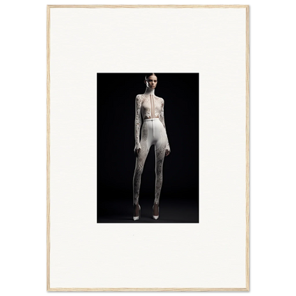 Full-length image of a person in a white bodysuit embodying elegance wreathed for room decor