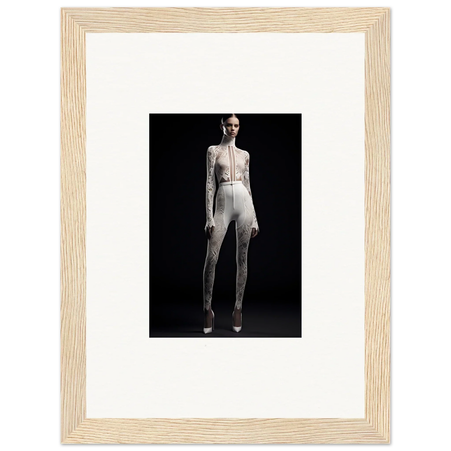 Framed wall art of elegance wreathed person in white outfit strikes dramatic pose