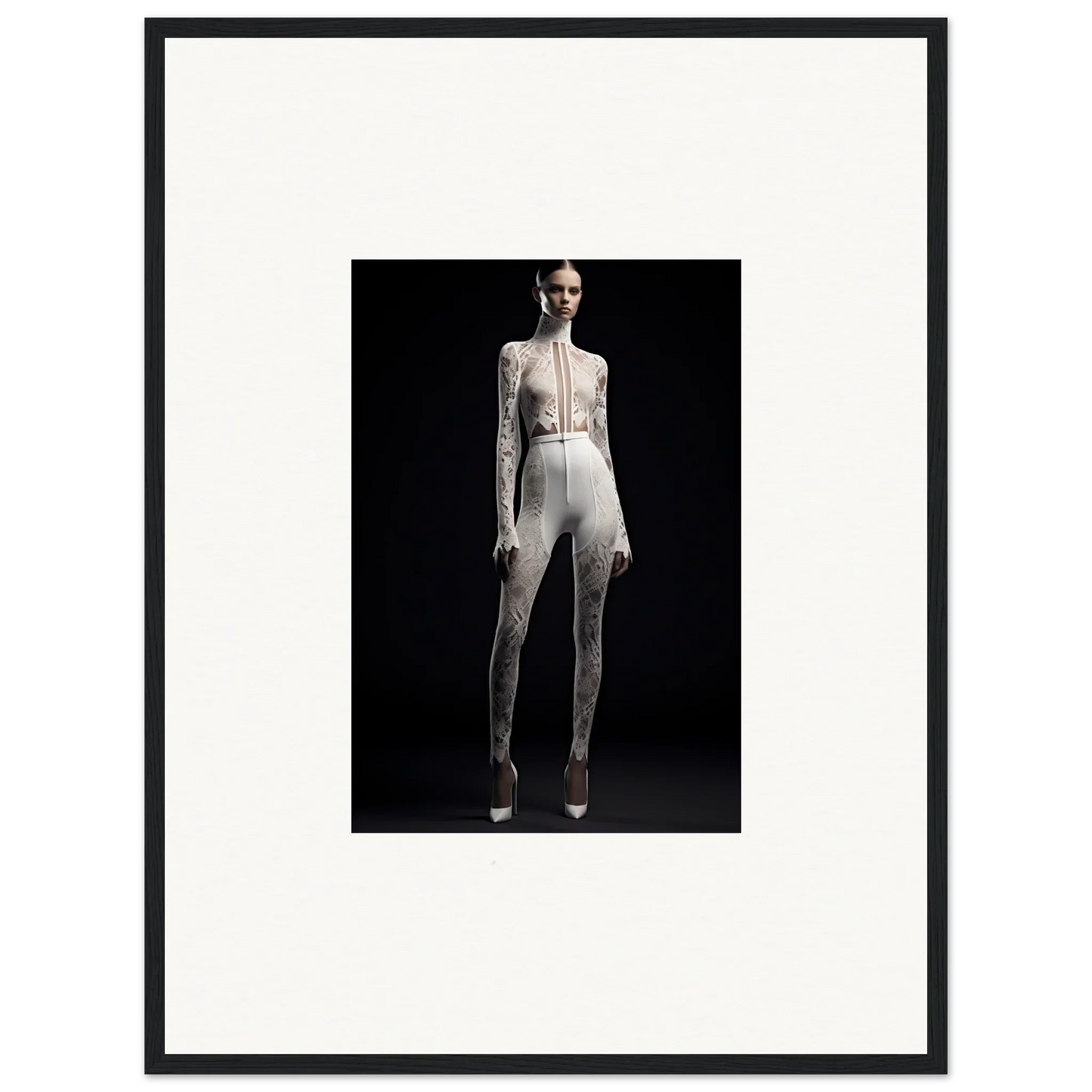 Framed black and white photograph of a person in a white outfit for elegant room decor