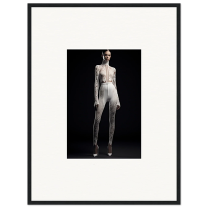 Framed black and white photograph of a person in a white outfit for elegant room decor