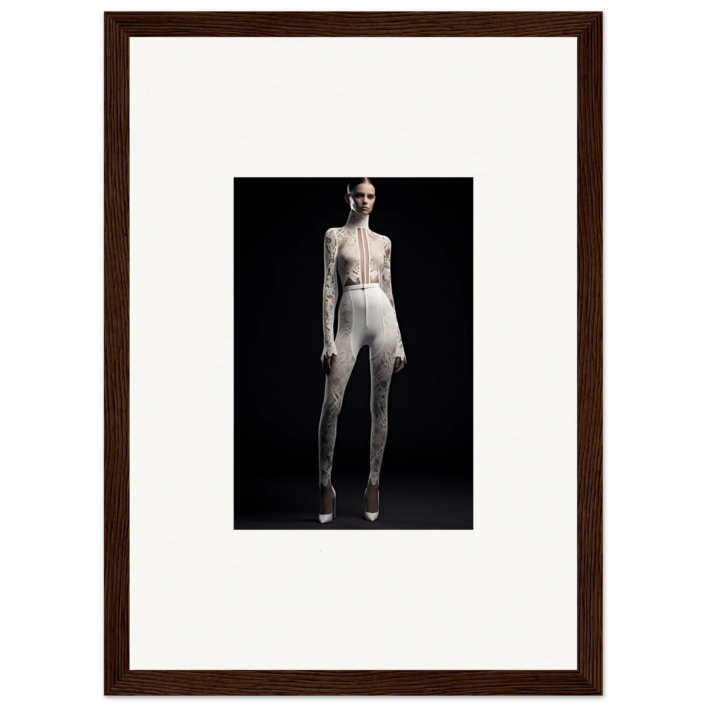 Framed wall art of a person in a white jumpsuit, embodying elegance wreathed style