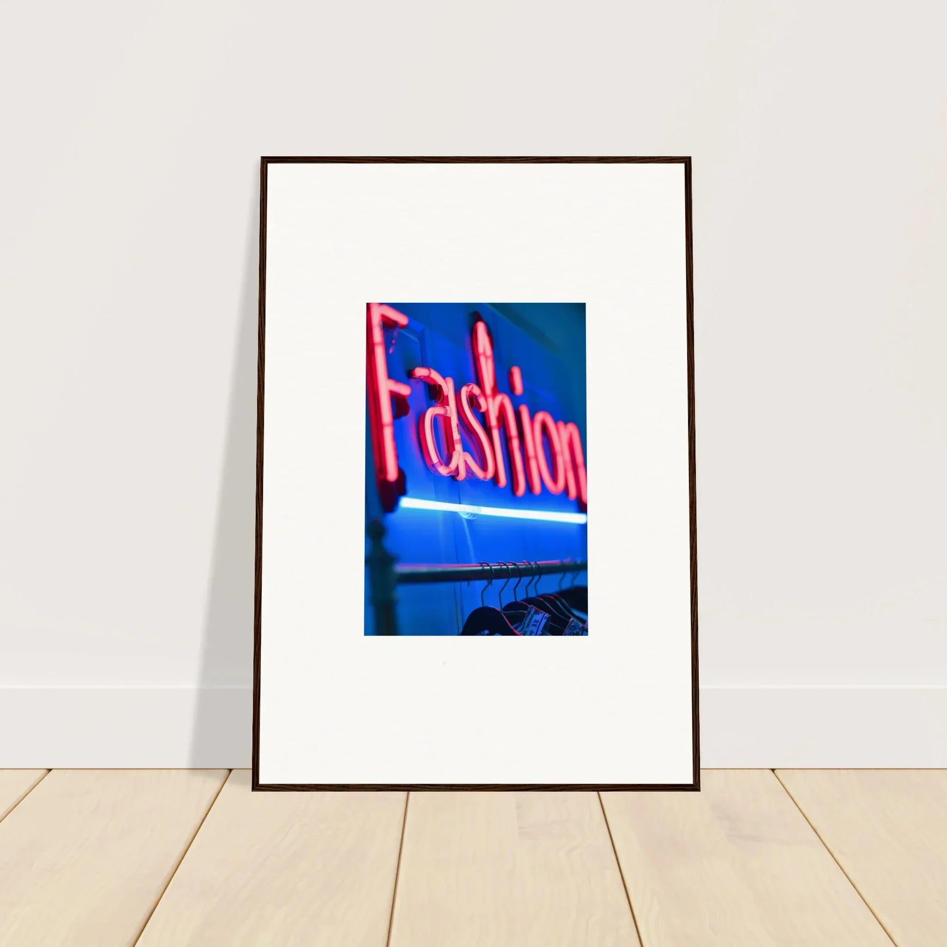 Framed photograph of a neon Fashion sign, perfect for Chrome Dreams room decoration