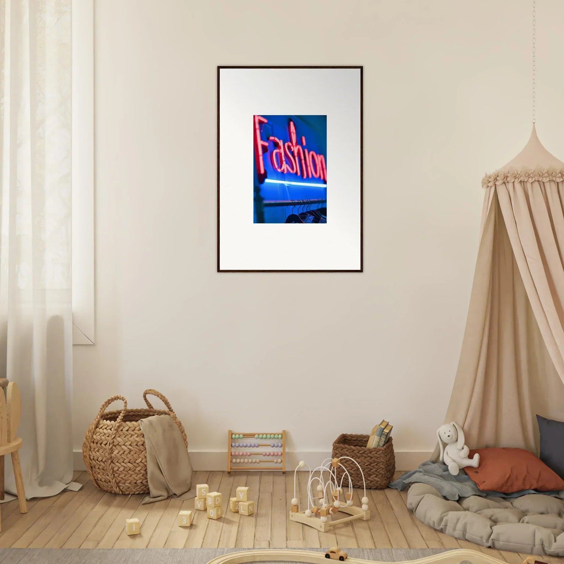 Framed neon Fashion sign on blue for stylish room decoration in Chrome Dreams vibe