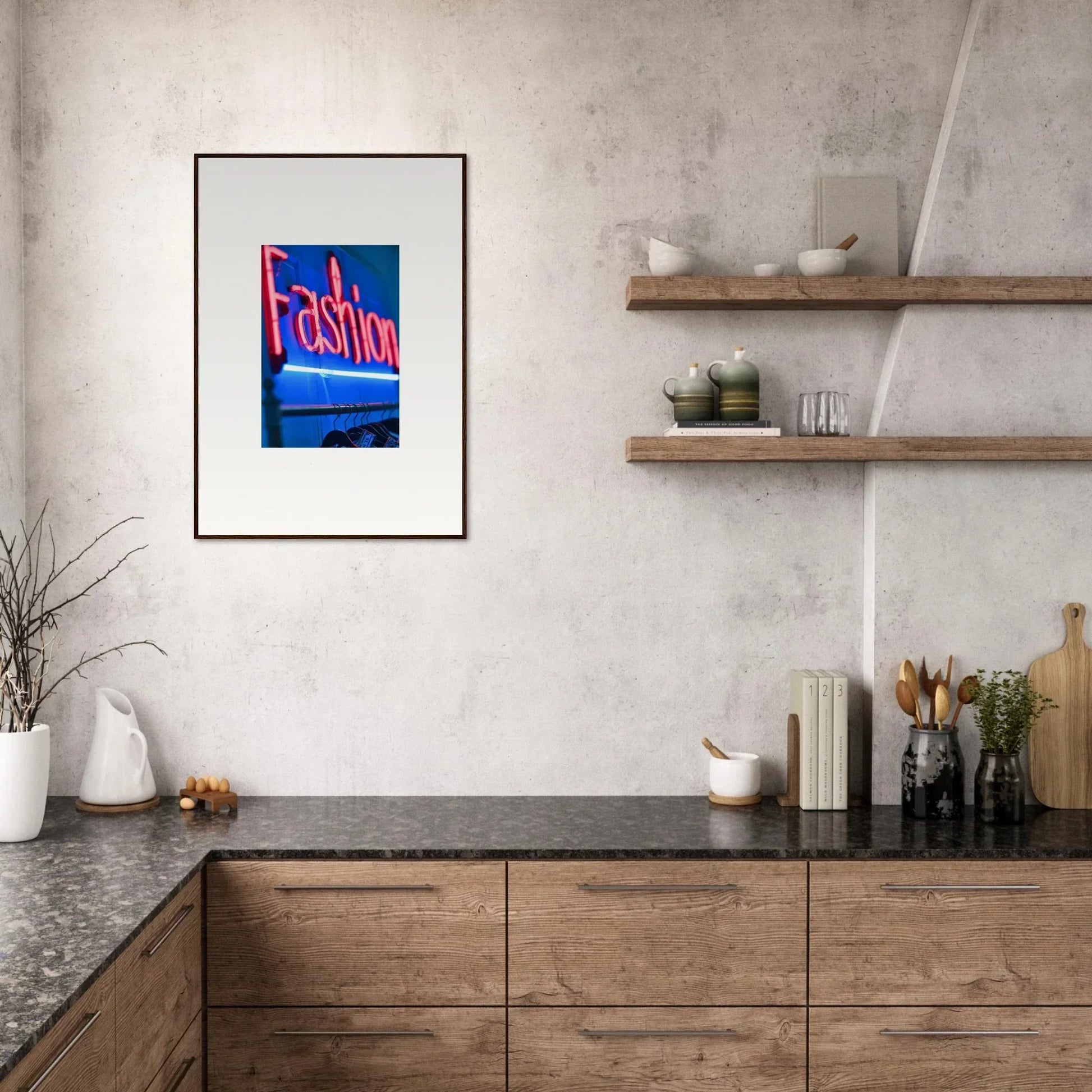 Framed canvas print of neon Fashion art in blue, perfect for chrome dreams room decoration