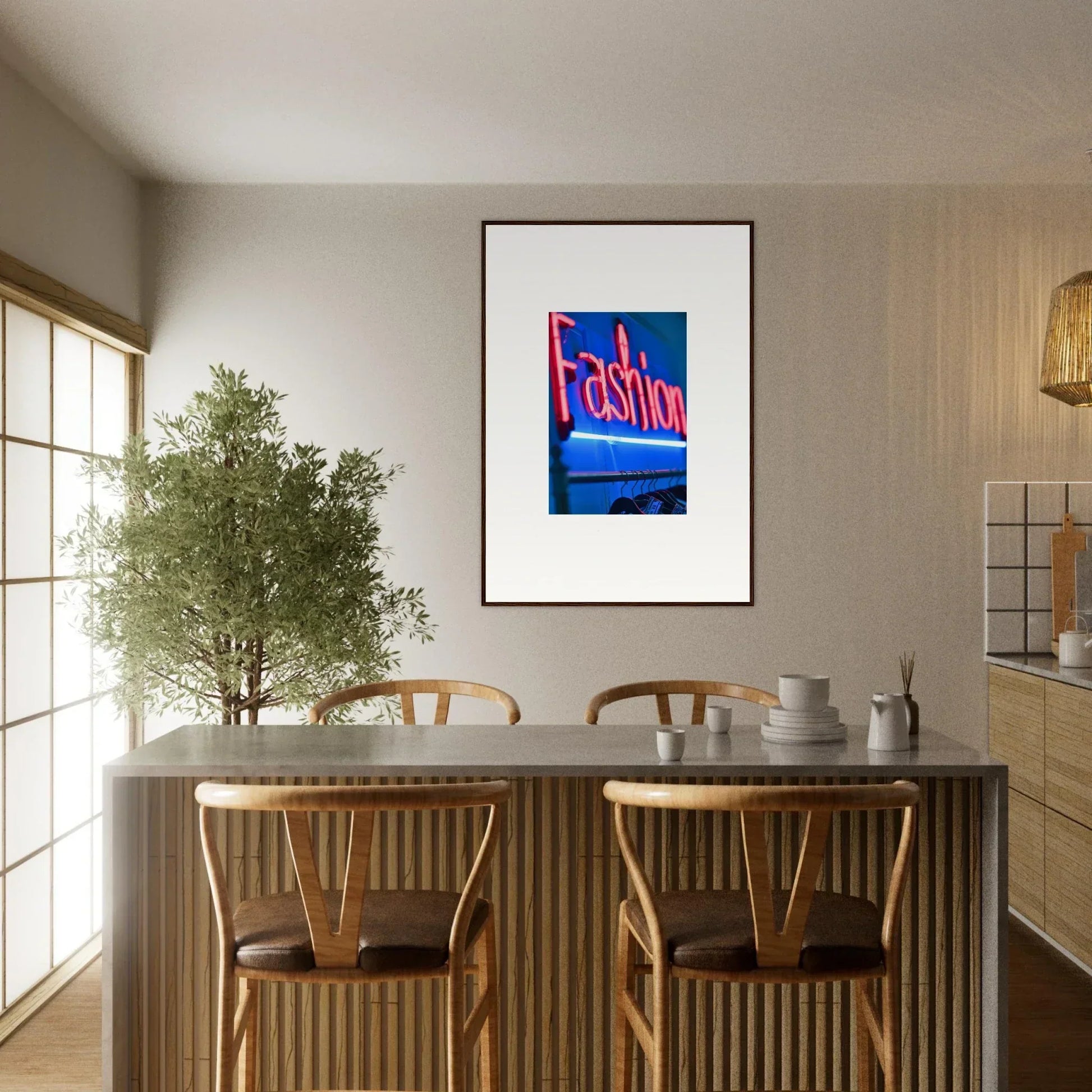 Dining area featuring a table, chairs, and a vibrant canvas print of Chrome Dreams