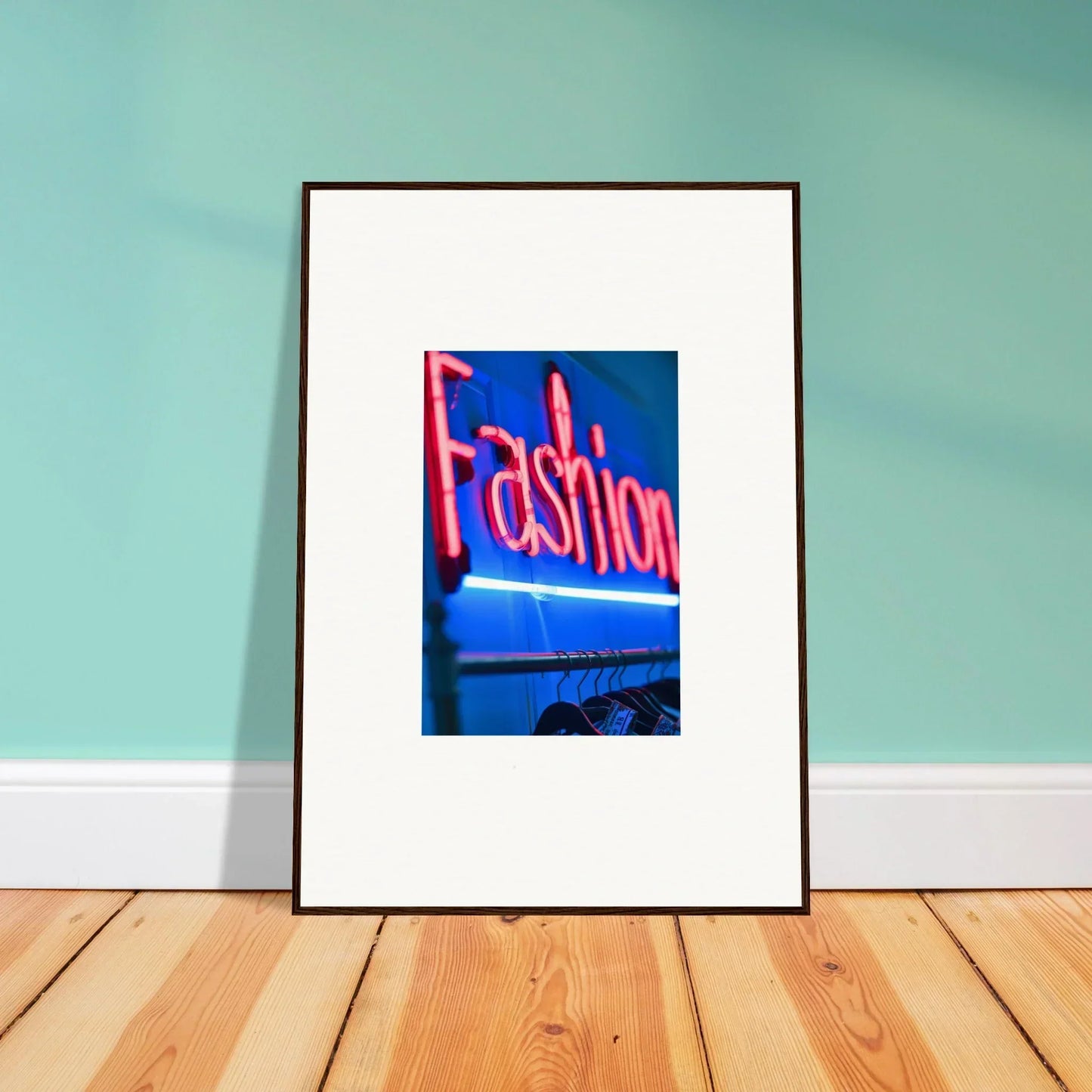 Framed photograph of a neon Fashion sign for stylish room decoration in Chrome Dreams