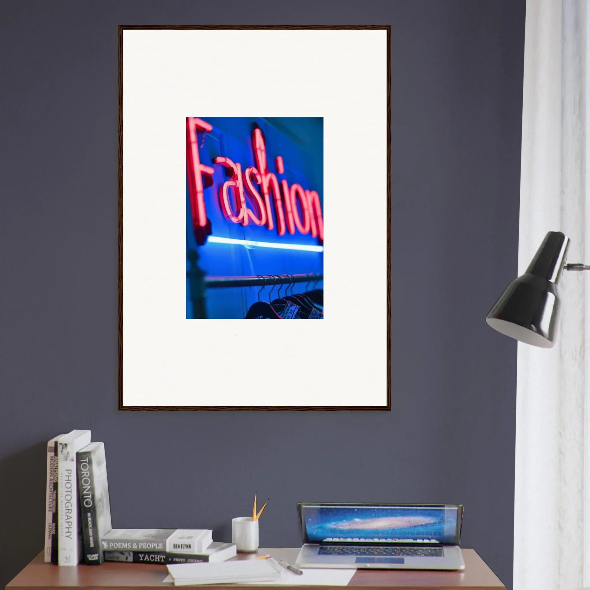 Framed canvas print of a neon Fashion sign on blue for cool room decoration in Chrome Dreams