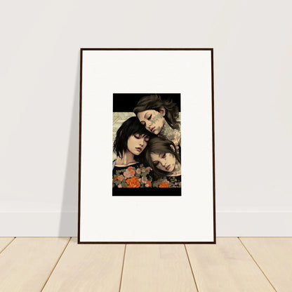 Framed portrait of three people with floral elements in Splendid Daze Flowing design