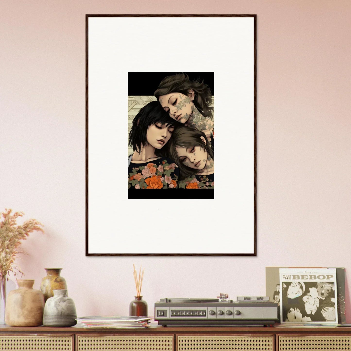 Framed portrait of three people with flowers, perfect for Splendid Daze Flowing vibes