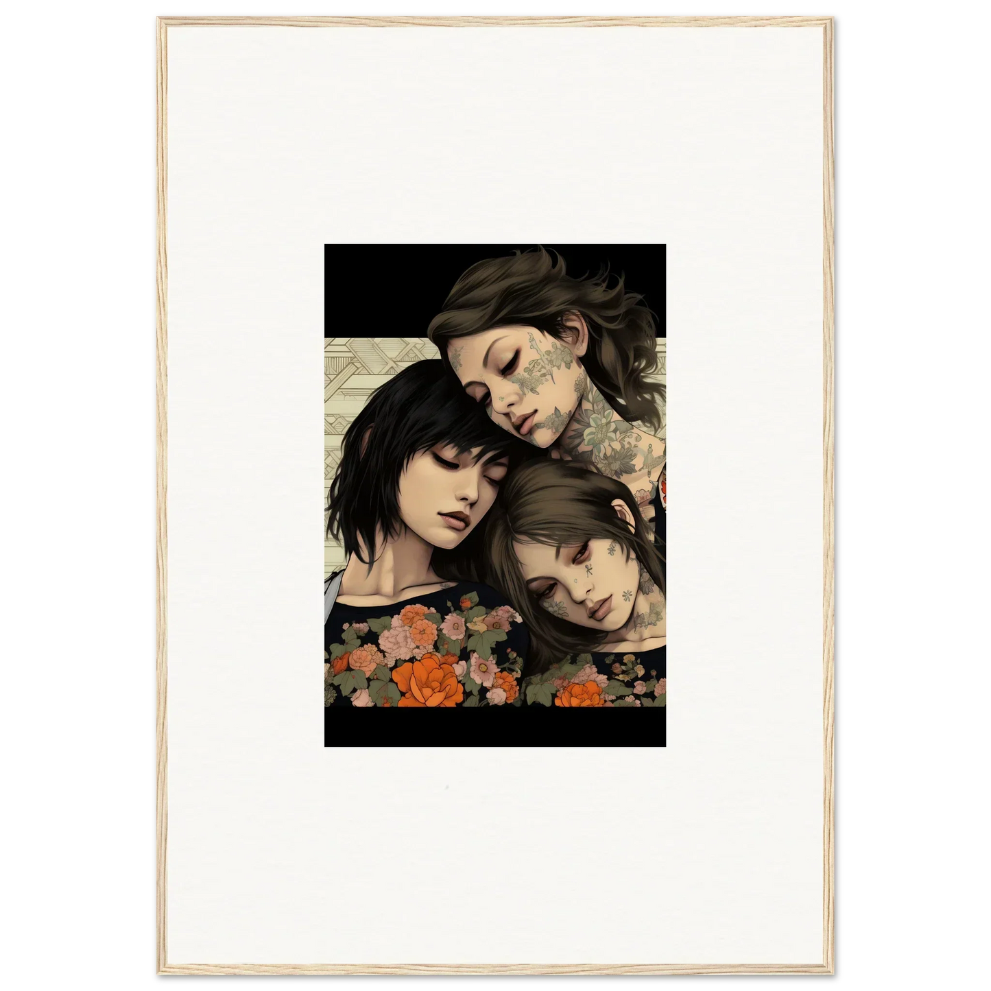 Framed artwork of three people with flowers, perfect for Splendid Daze Flowing vibes