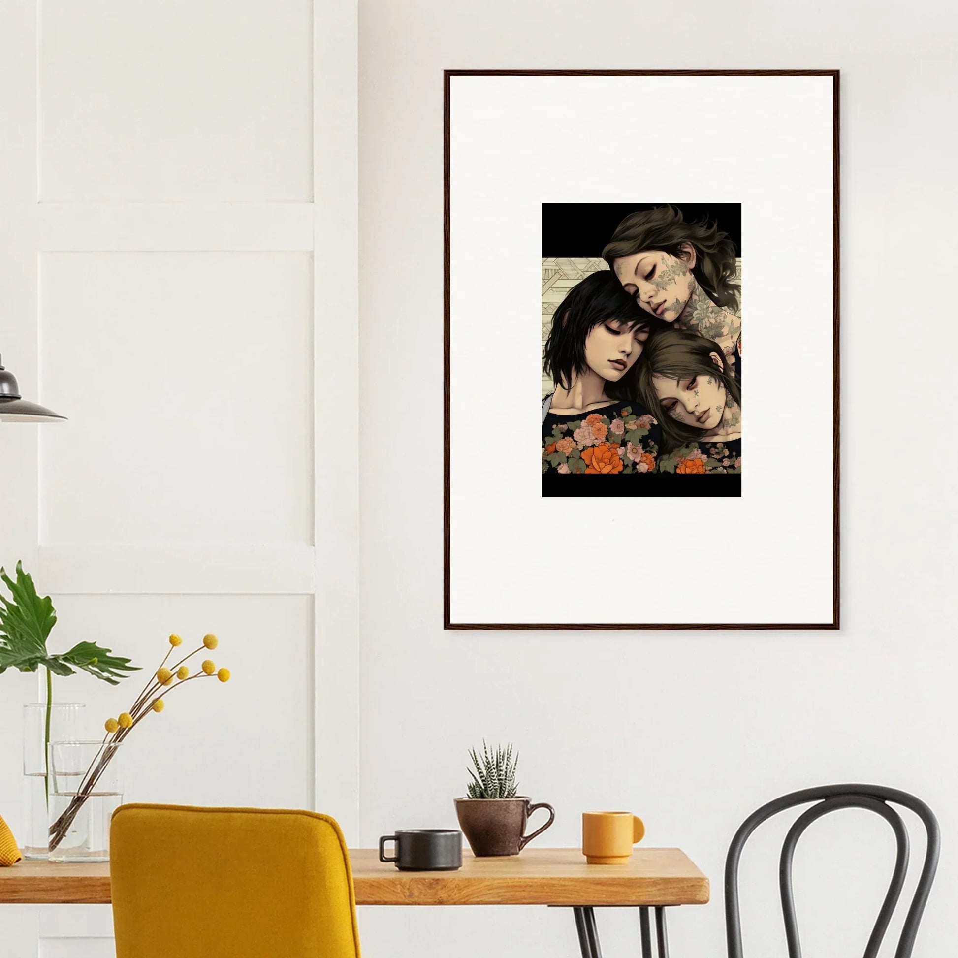 Framed portrait of three dark haired women with flowers, perfect for Splendid Daze Flowing