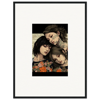 Framed artwork of three people with flowers in a somber pose, Splendid Daze Flowing