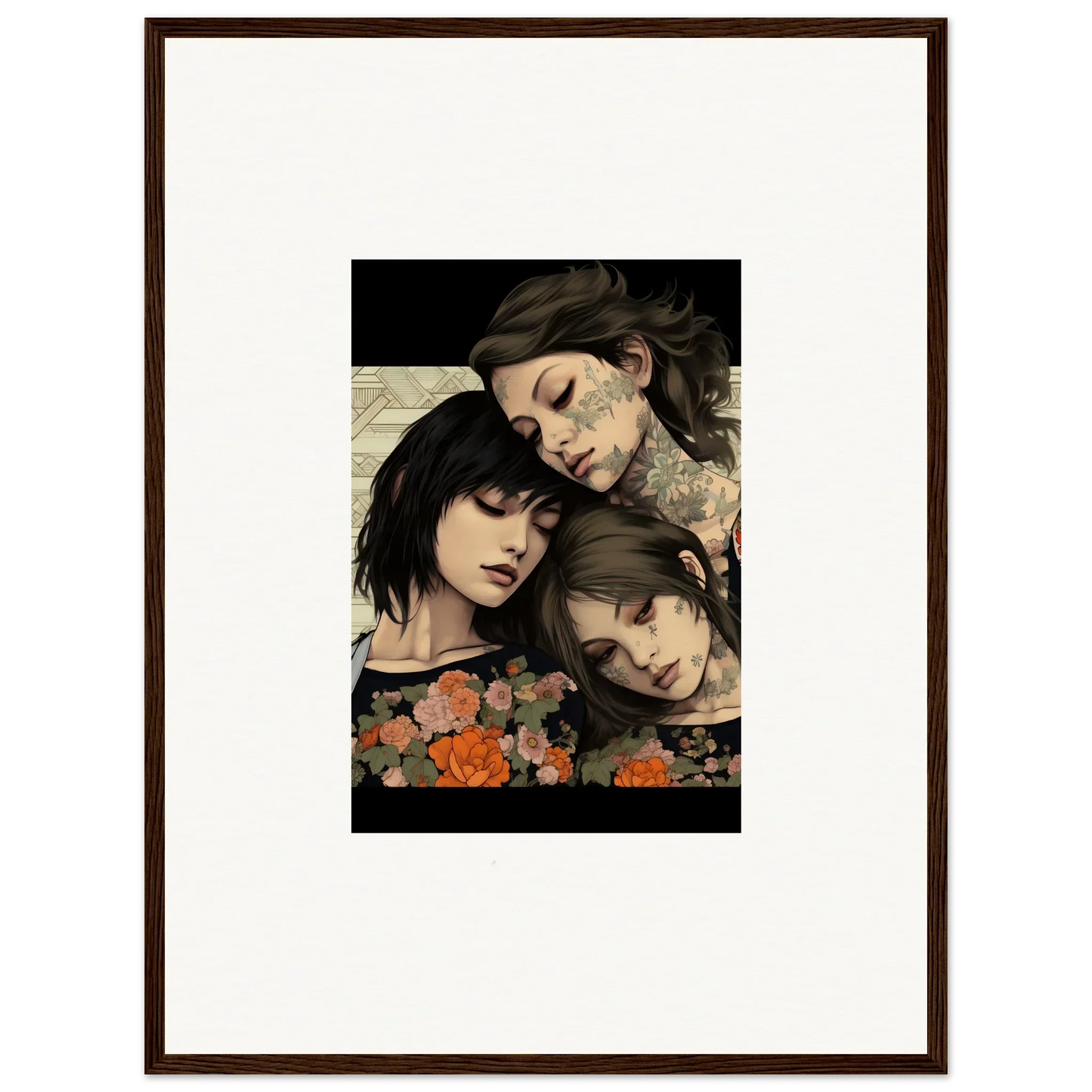 Framed Splendid Daze Flowing artwork of three people with flowers for a vibrant touch