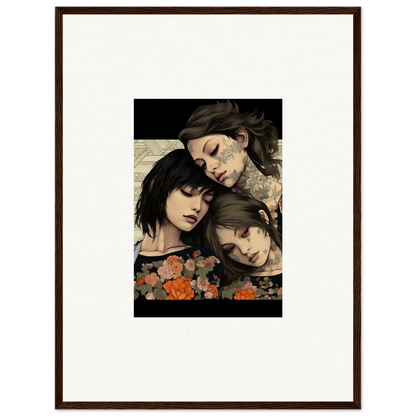 Framed Splendid Daze Flowing artwork of three people with flowers for a vibrant touch