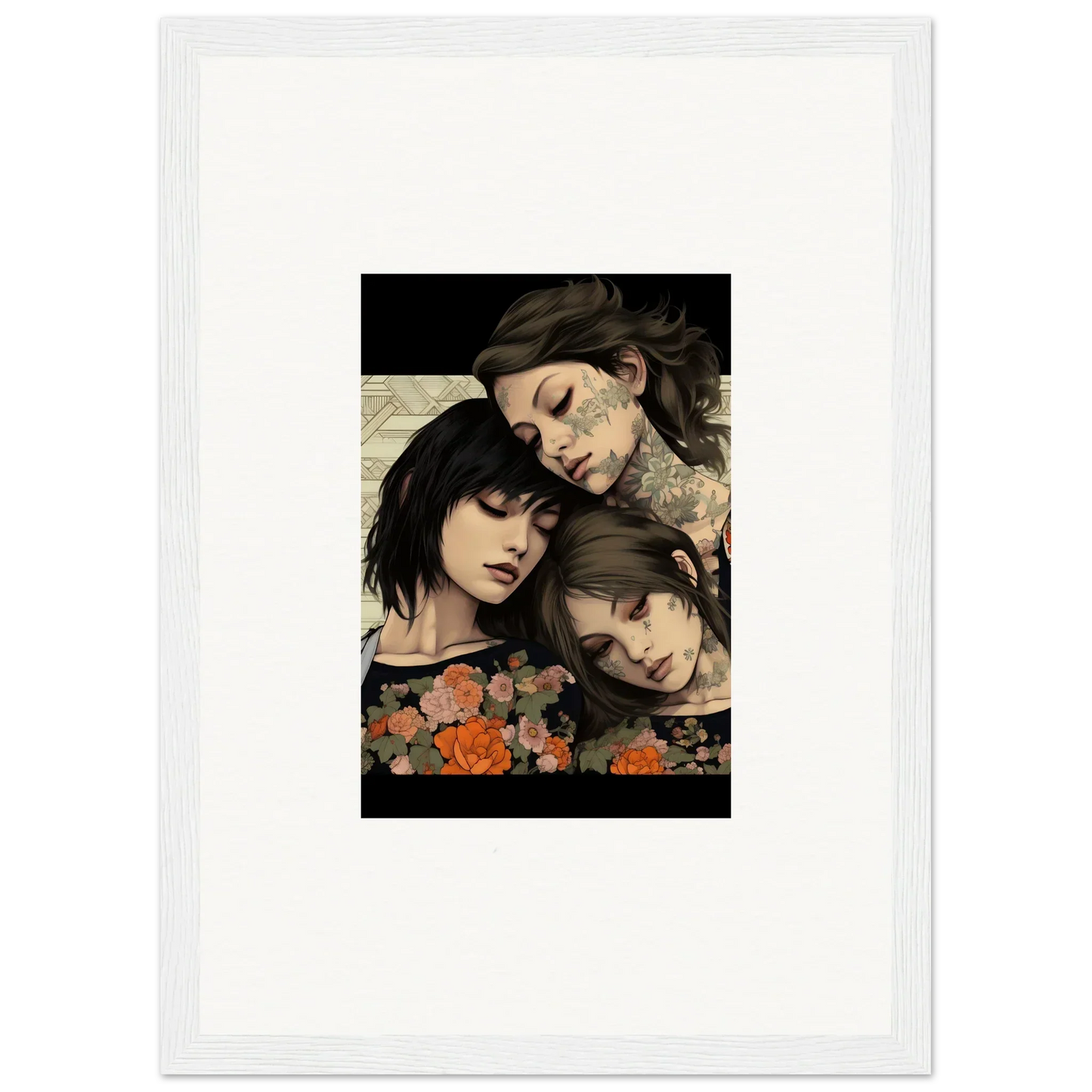 Framed artwork of three women with floral elements for Splendid Daze Flowing